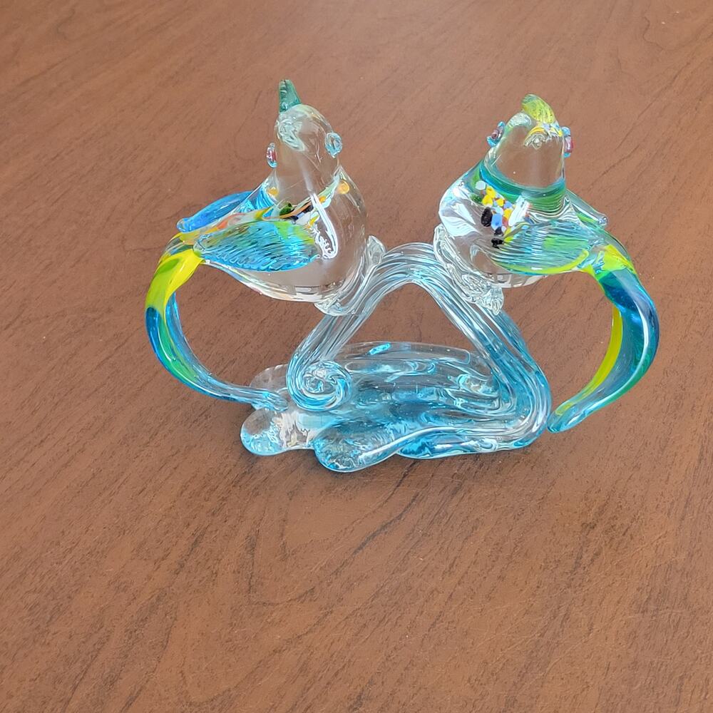 Vintage Hand Blown Tropical Bird Parrots Cockatoos on the branch Murano Style